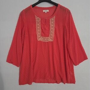Umgee Peach Tunic Top Size XL Embroidered 3/4 Sleeve Boho Lightweight